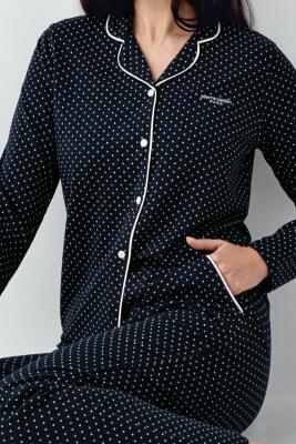 Kadın Mevsimlik Uzunkol Gömlek Yaka Lacivert Pijama Takım, %50 pamuk %50 modal - 4