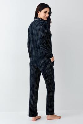 Kadın Mevsimlik Uzunkol Gömlek Yaka Lacivert Pijama Takım, %50 pamuk %50 modal - 5