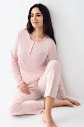 Kadın Mevsimlik Uzunkol Pembe Pijama Takım, %50 pamuk %50 modal - Thumbnail