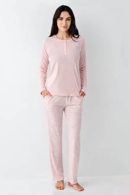 Pierre Cardin - Kadın Mevsimlik Uzunkol Pembe Pijama Takım, %50 pamuk %50 modal (1)