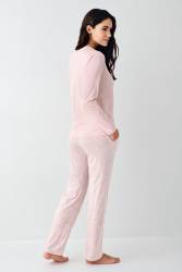 Kadın Mevsimlik Uzunkol Pembe Pijama Takım, %50 pamuk %50 modal - Thumbnail