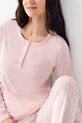 Kadın Mevsimlik Uzunkol Pembe Pijama Takım, %50 pamuk %50 modal - Thumbnail