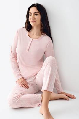 Pierre Cardin - Kadın Mevsimlik Uzunkol Pembe Pijama Takım, %50 pamuk %50 modal