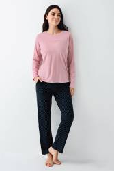Kadın Mevsimlik Uzunkol Rose Pijama Takım, %50 pamuk %50 modal - Thumbnail