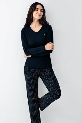 Pierre Cardin - Kadın Mevsimlik Uzunkol V Yaka Lacivert Pijama Takım, %50 pamuk %50 modal (1)