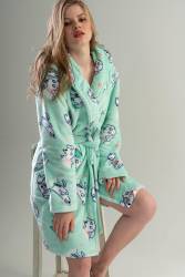 Kadın Mint Süper Yumuşak Vienetta Welwelsoft Kapsonlu Uzun Kol Kısa Sabahlık - Thumbnail