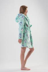 Kadın Mint Süper Yumuşak Vienetta Welwelsoft Kapsonlu Uzun Kol Kısa Sabahlık - Thumbnail