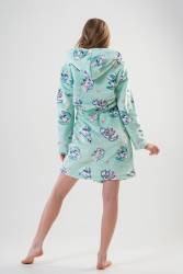 Kadın Mint Süper Yumuşak Vienetta Welwelsoft Kapsonlu Uzun Kol Kısa Sabahlık - Thumbnail