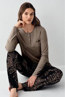 Arnetta - Kadın Modal Pamuk Yakası Düğmeli Pijama Takım, Alt Pijama Cepli ve desenli