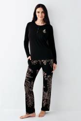Kadın Modal Pamuk Yakası Düğmeli Pijama Takım, Alt Pijama Cepli ve desenli - Thumbnail