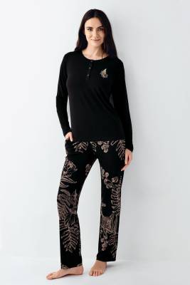 Arnetta - Kadın Modal Pamuk Yakası Düğmeli Pijama Takım, Alt Pijama Cepli ve desenli (1)