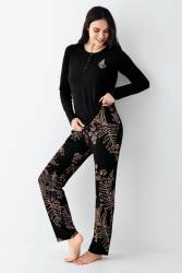 Kadın Modal Pamuk Yakası Düğmeli Pijama Takım, Alt Pijama Cepli ve desenli - Thumbnail