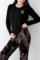 Kadın Modal Pamuk Yakası Düğmeli Pijama Takım, Alt Pijama Cepli ve desenli - Thumbnail