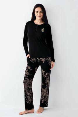 Kadın Modal Pamuk Yakası Düğmeli Pijama Takım, Alt Pijama Cepli ve desenli - 2