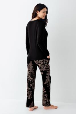 Kadın Modal Pamuk Yakası Düğmeli Pijama Takım, Alt Pijama Cepli ve desenli - 5