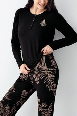 Kadın Modal Pamuk Yakası Düğmeli Pijama Takım, Alt Pijama Cepli ve desenli - 4