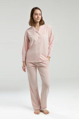 Kadın Modal Pijama Takım, Önden Düğmeli, Uzun Kollu, %50 Pamuk %50 Modal - 1