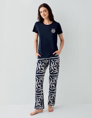 Kadın Modal Pijama Takımı %50 Pamuk %50 Modal – Kısa Kollu Üst & Desenli Alt, Ev Giyimi - 2