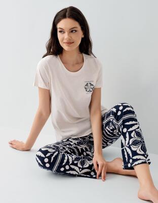 Kadın Modal Pijama Takımı %50 Pamuk %50 Modal – Kısa Kollu Üst & Desenli Alt, Ev Giyimi - 5