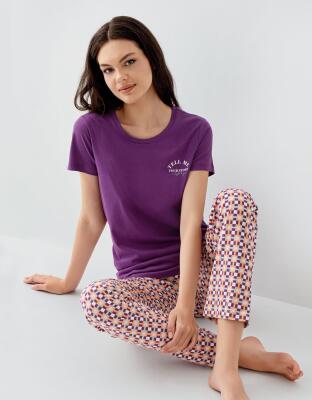 Kadın Mor Baskılı Pijama Takımı – %50 Pamuk %50 Modal, Desenli Alt, Büyük Beden Seçenekli - 1