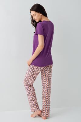 Kadın Mor Baskılı Pijama Takımı – %50 Pamuk %50 Modal, Desenli Alt, Büyük Beden Seçenekli - 4