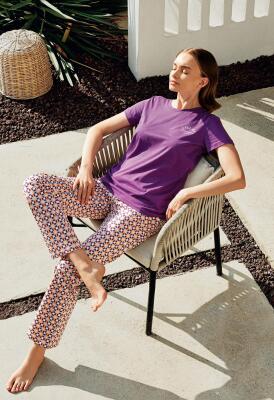 Kadın Mor Baskılı Pijama Takımı – %50 Pamuk %50 Modal, Desenli Alt, Büyük Beden Seçenekli - 5