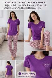 Kadın Mor Baskılı Pijama Takımı – %50 Pamuk %50 Modal, Desenli Alt, Büyük Beden Seçenekli - 6