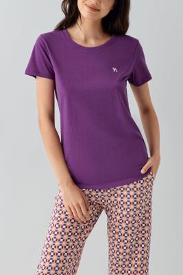 Kadın Mor Kısa Kollu Pijama Takımı – %50 Pamuk %50 Modal, Desenli Kapri Alt, Büyük Bedenleri Mevcut - 3