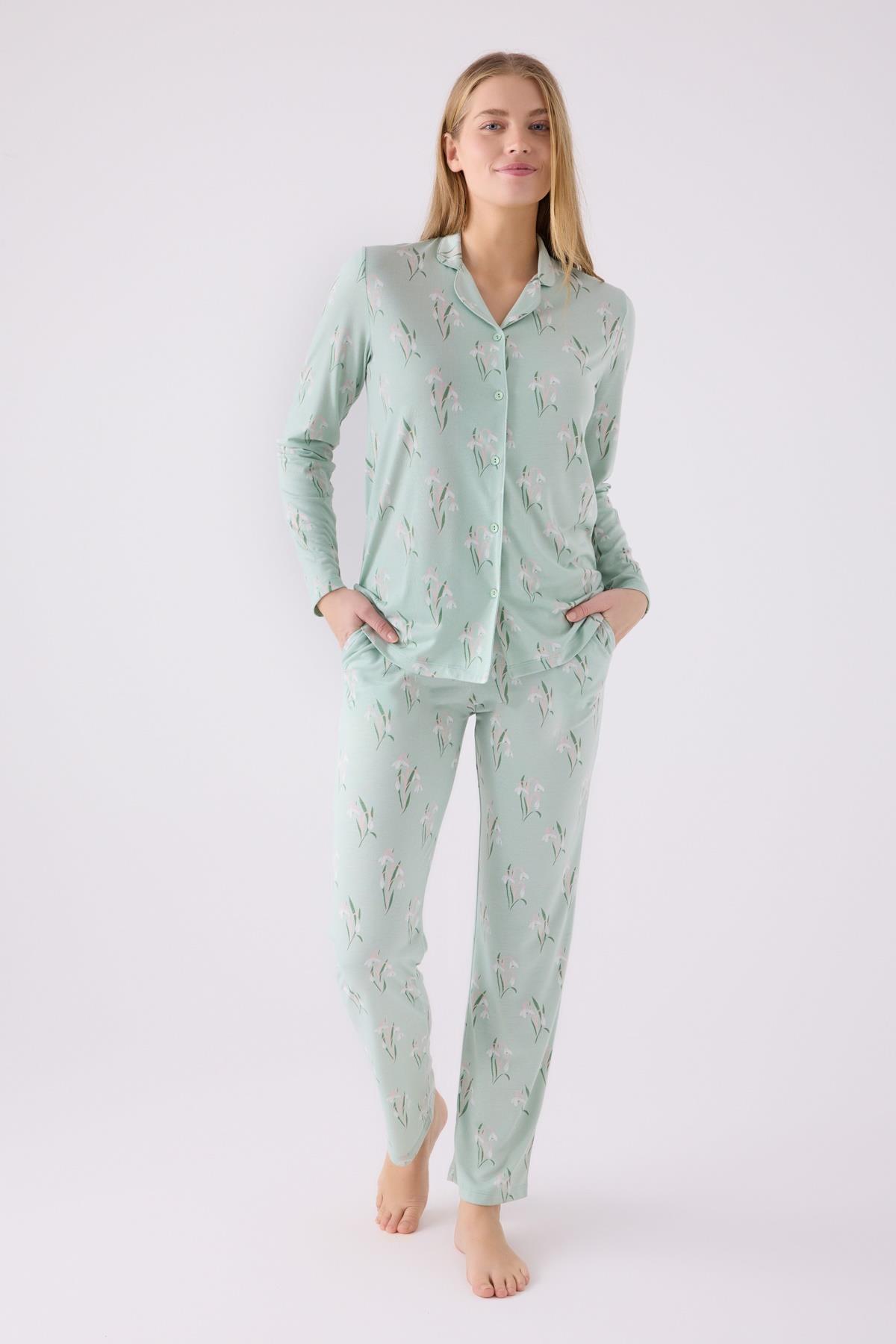Kadın Nil Yeşili Boydan Düğmeli Cepli Pijama Takım, Viskon Kumaş