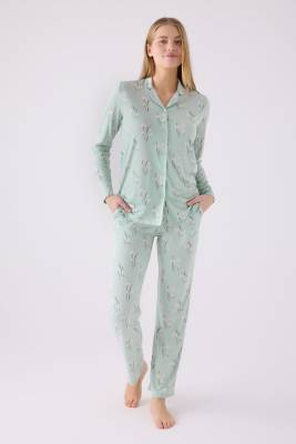 Arnetta - Kadın Nil Yeşili Boydan Düğmeli Cepli Pijama Takım, Viskon Kumaş