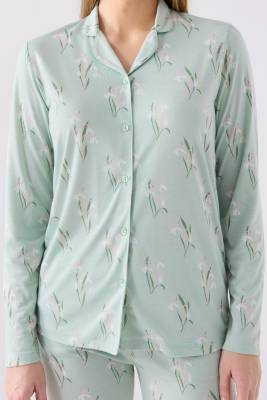 Kadın Nil Yeşili Boydan Düğmeli Cepli Pijama Takım, Viskon Kumaş - 3