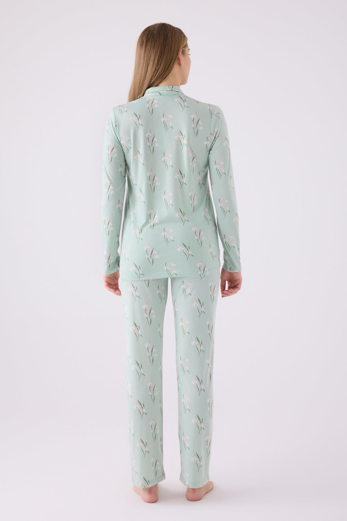 Kadın Nil Yeşili Boydan Düğmeli Cepli Pijama Takım, Viskon Kumaş