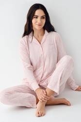 Kadın Önden Düğmeli Pembe Pijama Takım, %50 pamuk %50 modal - Thumbnail