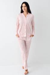Kadın Önden Düğmeli Pembe Pijama Takım, %50 pamuk %50 modal - Thumbnail
