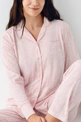 Kadın Önden Düğmeli Pembe Pijama Takım, %50 pamuk %50 modal - Thumbnail