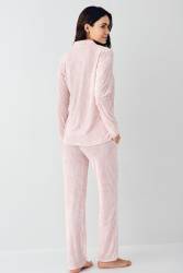 Kadın Önden Düğmeli Pembe Pijama Takım, %50 pamuk %50 modal - Thumbnail