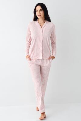 Kadın Önden Düğmeli Pembe Pijama Takım, %50 pamuk %50 modal - 2