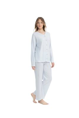 Kadın Önden Düğmeli Uzunkol Bol Paça Pijama Takım - 3