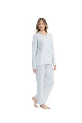 Kadın Önden Düğmeli Uzunkol Bol Paça Pijama Takım - 3