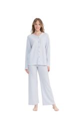Kadın Önden Düğmeli Uzunkol Bol Paça Pijama Takım Gri