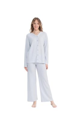 Kadın Önden Düğmeli Uzunkol Bol Paça Pijama Takım - 1