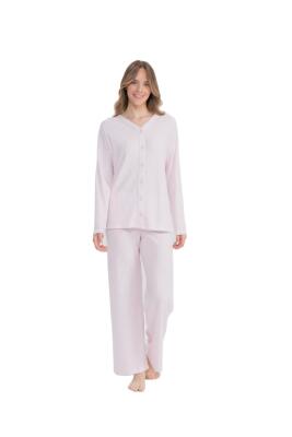 Kadın Önden Düğmeli Uzunkol Bol Paça Pijama Takım - 4