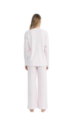 Kadın Önden Düğmeli Uzunkol Bol Paça Pijama Takım - 6
