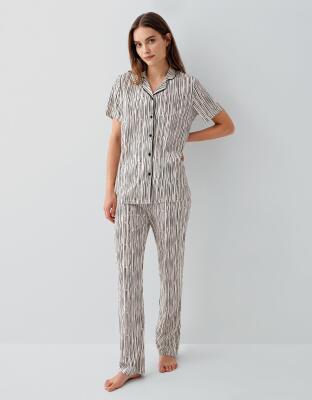 Kadın Pamuk Modal Pijama Takımı – Düğmeli Kısa Kollu Gömlek Yaka ve Uzun Alt, Çizgili - 1