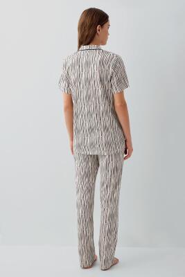 Kadın Pamuk Modal Pijama Takımı – Düğmeli Kısa Kollu Gömlek Yaka ve Uzun Alt, Çizgili - 3