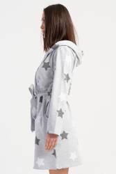 Kadın Pamuklu Kapsonlu Uzun Kol Kısa 2 İplik Sabahlık, Yıldız Baskılı Belden Bağlamalı, Cepli - Thumbnail