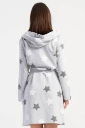 Kadın Pamuklu Kapsonlu Uzun Kol Kısa 2 İplik Sabahlık, Yıldız Baskılı Belden Bağlamalı, Cepli - Thumbnail