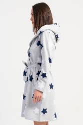 Kadın Pamuklu Kapsonlu Uzun Kol Kısa 2 İplik Sabahlık, Yıldız Baskılı Belden Bağlamalı, Cepli - Thumbnail