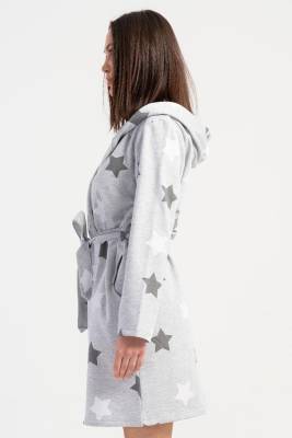 REN - Kadın Pamuklu Kapsonlu Uzun Kol Kısa 2 İplik Sabahlık, Yıldız Baskılı Belden Bağlamalı, Cepli (1)