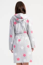 Kadın Pamuklu Kapsonlu Uzun Kol Kısa 2 İplik Sabahlık, Yıldız Baskılı Belden Bağlamalı, Cepli - Thumbnail